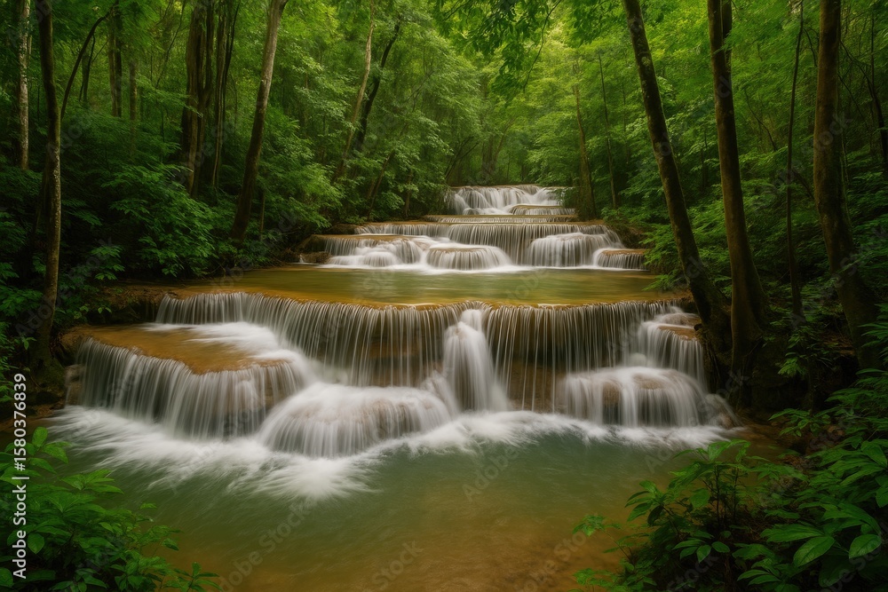 Poster lush rainforest with a cascading waterfall in a pristine natural setting