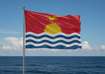 Kiribati Flag Waving, Emblem of Kiribati Against Blue Sky and Ocean Background, National Symbol.