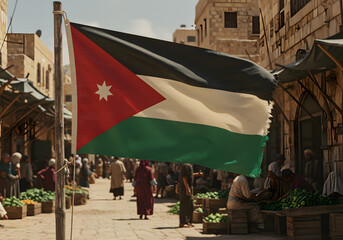 Jordan Flag Waving in Traditional Marketplace, Middle Eastern Architecture and People, Cultural Scene.