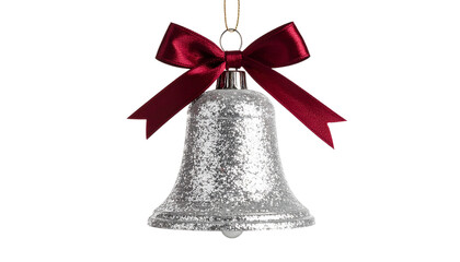 Silver Glitter Christmas Bell with Burgundy Bow isolated on solid white background Png