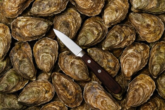 Top-down view of a knife resting on a heap of freshly shucked oysters