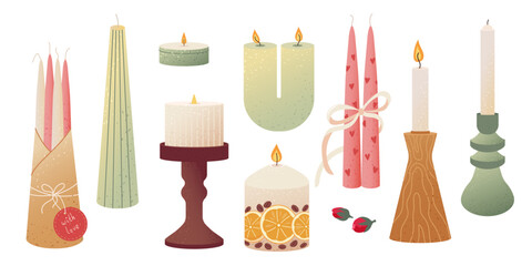 Vector set of cozy decorative candles in soft pastel tones Textured illustrations with burning flame, holders, hearts Scented candlelight exudes cozy relax atmosphere for card, banner, poster, print