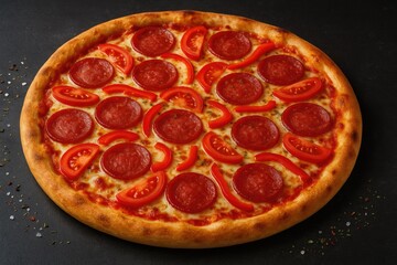 Delicious pepperoni pizza topped with mozzarella, salami, fresh tomatoes, peppers, and spices