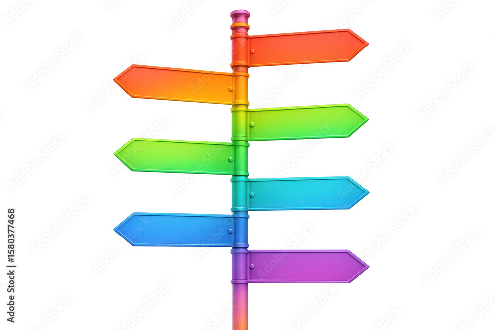 Poster multicolored directional signpost featuring six blank arrows pointing different ways, positioned aga
