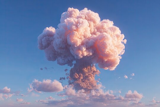 A large, pale pink mushroom cloud of smoke and debris rises dramatically against a vibrant blue sky, tinged with pastel pinks and oranges - Powered by Adobe