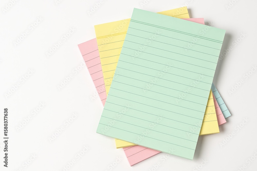 Poster assorted brightly colored notepads stacked together with blank space for notes on a white backdrop