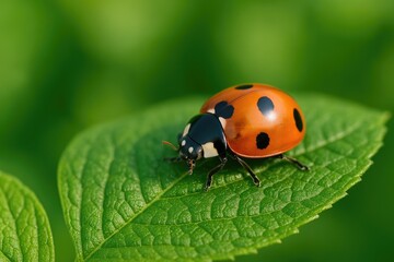 Fototapeta premium Close-up of a ladybug on a vibrant green leaf showcasing macro insect details