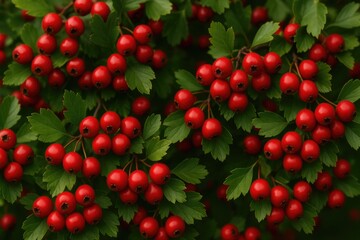 Obraz premium Numerous crimson hawthorn fruit clusters