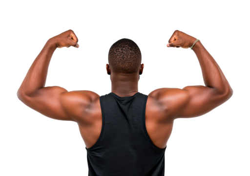 Strong muscular man flexing biceps in black tank top on transparent background, PNG - Powered by Adobe