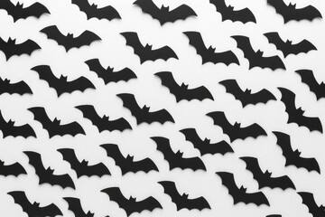 Dark paper bats scattered on a white surface for Halloween decoration