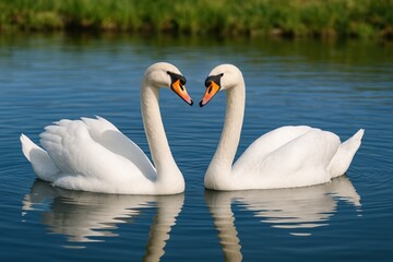 Fototapeta premium Two elegant swans gliding across a tranquil pond