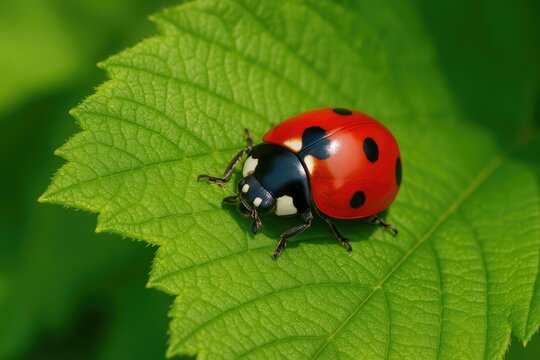 Detailed shot of a ladybug on a lush green leaf - Powered by Adobe