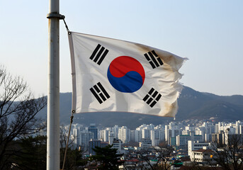 South Korean Flag Flying High with City Skyline Background, National Symbol, Culture, Patriotism