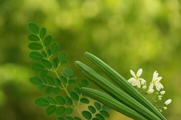 Obraz premium Fresh Moringa foliage, blossoms, and fruit against a natural setting