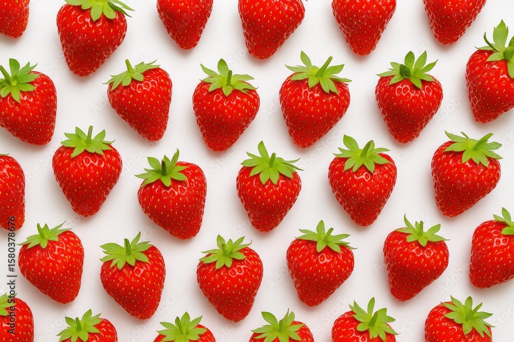 Poster red strawberry pattern on a white background with a flat lay and top view, featuring a creative summ