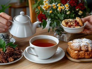 Cozy indoor tea time with pastries and flowers on table