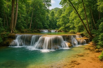 Obraz premium Discover the serene beauty of a hidden rainforest waterfall, perfect for relaxing in nature