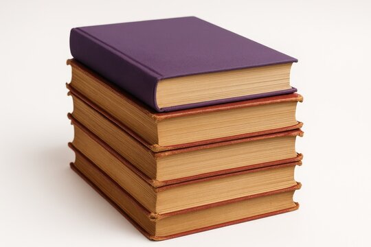 Arrangement of vertically stacked books with a purple book at the top - Powered by Adobe