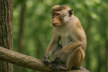 Focused primate perched on a tree limb, observing intently. Wildlife photography of an animal in its natural habitat.
