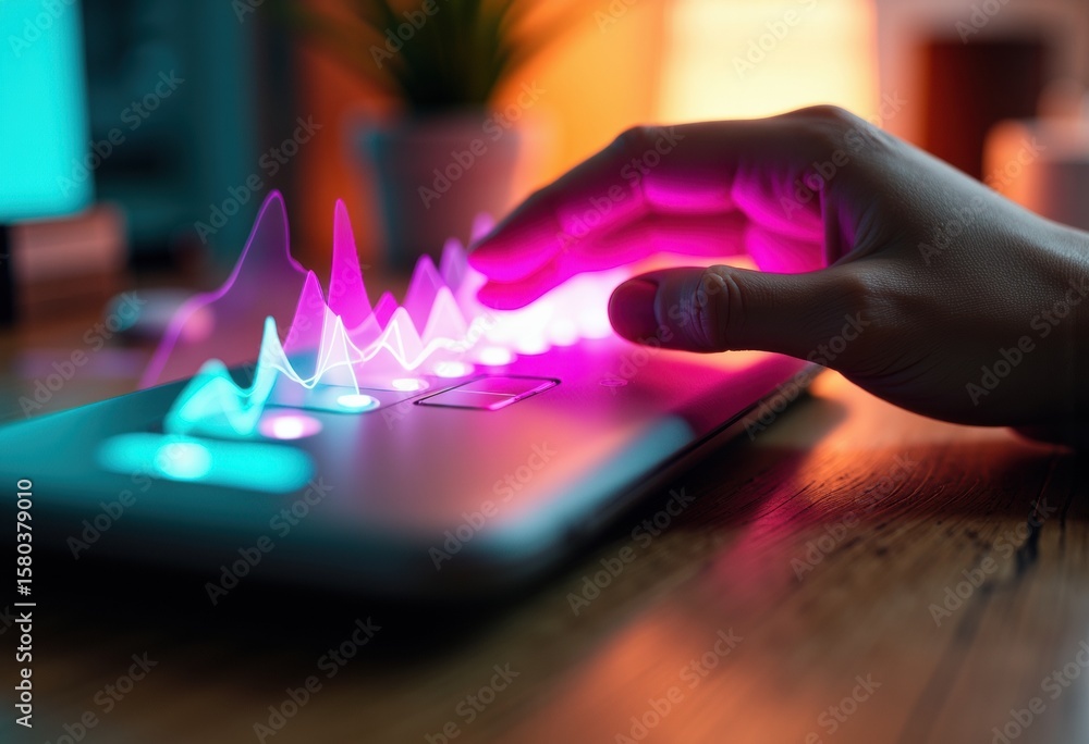 Aufkleber hand interacts with a colorful digital graph on a tablet screen in a modern workspace