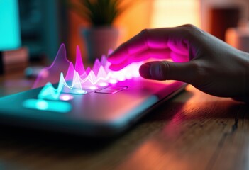 Hand interacts with a colorful digital graph on a tablet screen in a modern workspace