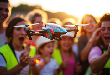 Children excitedly watch as a colorful drone takes flight during an outdoor event at sunset
