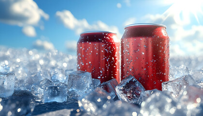 Two red soda cans sit amidst sparkling ice cubes, reflecting sunlight. The bright blue sky provides a perfect summer backdrop