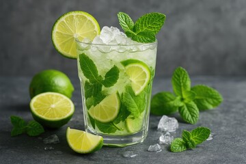 Fototapeta premium Refreshing mojito with fresh herbs and ingredients, blurred background focus