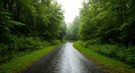 Fototapeta premium 緑深き森道 雨上がりの静寂 濡れたアスファルト光る. AI Generated