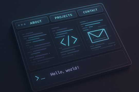 Isometric Futuristic Code Editor Interface with Neon UI Elements
