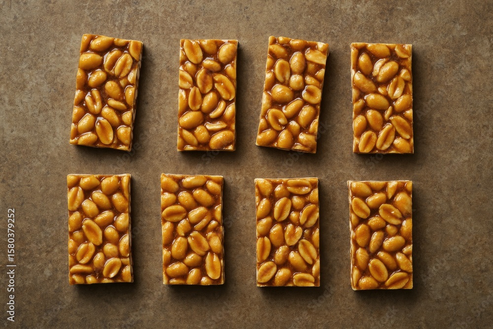 Aufkleber crunchy nut candy in small bars on a rustic surface with plenty of space for text
