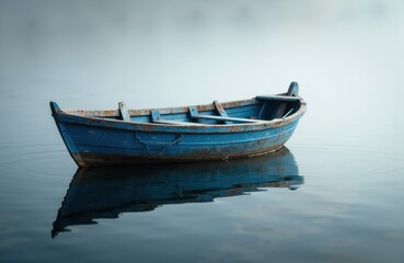 A solitary blue wooden boat floats on calm water with a soft, misty background