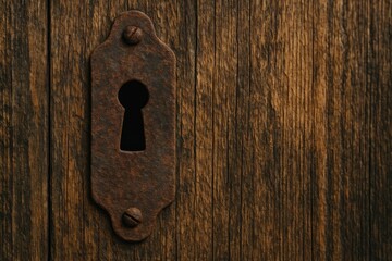 A weathered iron lock embedded in an aged wooden door