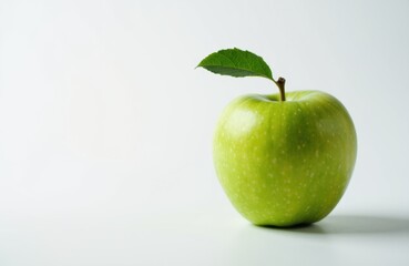 Fresh green apple with a leaf on a clean white background