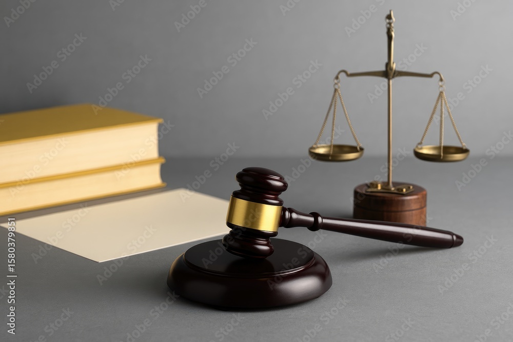 Poster legal system and fairness themes with a judge's gavel and balance scales on a gray backdrop