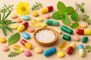 Assorted colorful pills and capsules for natural health remedies, including herbal dietary supplements and plant-based medicines.