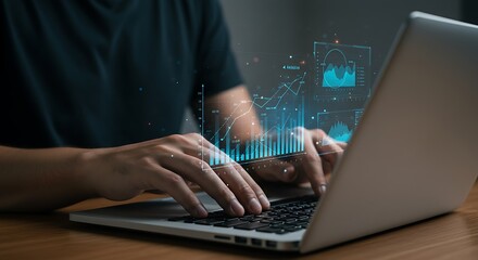 A person's hands typing on a laptop with digital graphs and data visualizations overlaid on the screen, suggesting data analysis and business intelligence.
