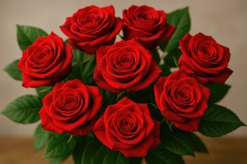 Obraz premium A stunning display of red roses in full bloom, highlighted by lush green foliage