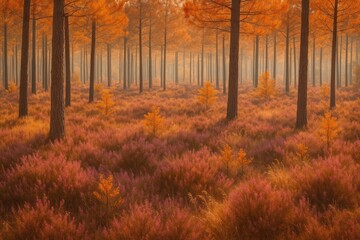 Fototapeta premium Autumn in the Gascogne woodland showcasing vibrant warm hues