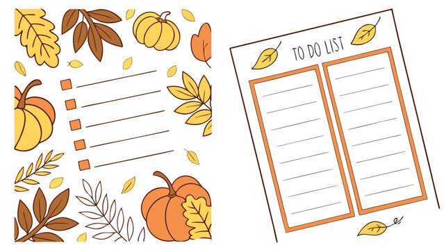 Cute cartoon illustration of a fall themed to do list with pumpkins and colorful autumn leaves scattered around the page