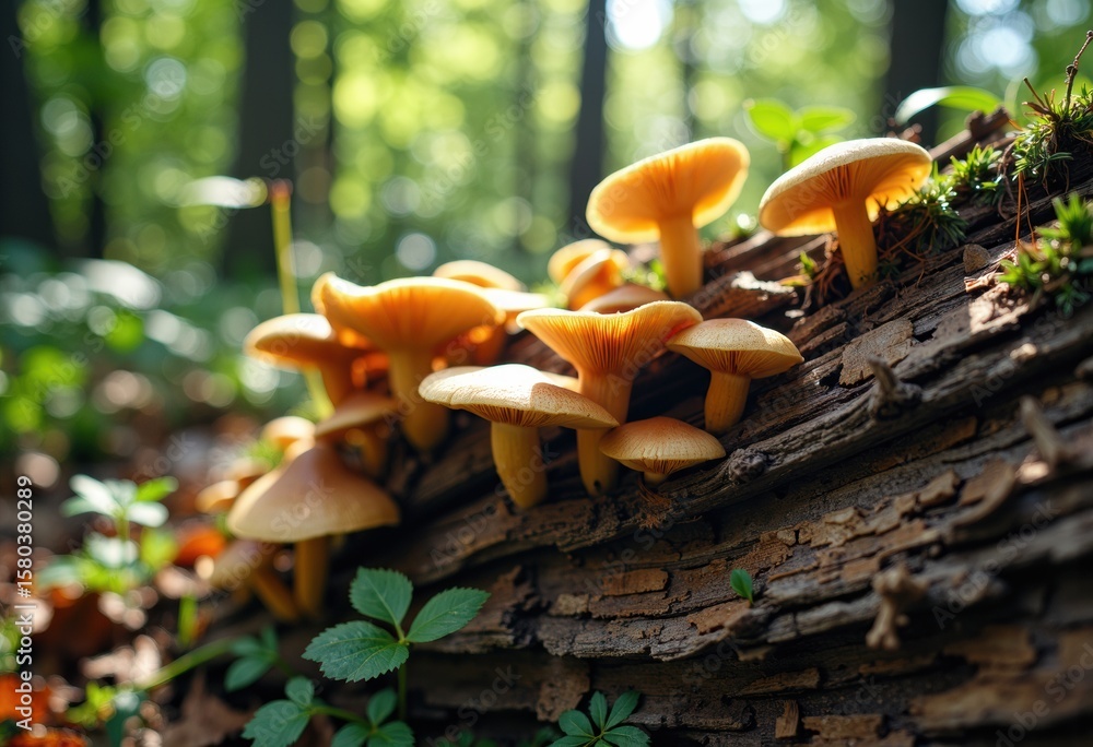 Poster cluster of orange mushrooms growing on a fallen log in a lush forest setting