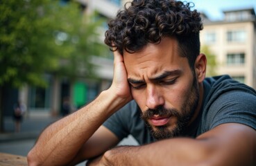 Fototapeta premium Man experiencing stress or headache outdoors with a worried expression