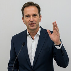 Confident Politician Delivering Speech on White Background with Powerful Expression.