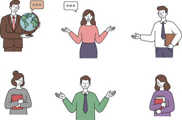 Cartoon business people vector, global communication concept, education illustration, professional characters holding books, workplace diversity, flat character design