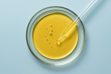 Laboratory setup showing a sample of cosmetic oil in a petri dish with a pipette against a light blue backdrop from an overhead perspective