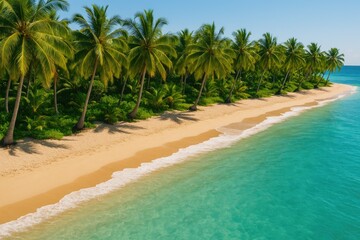 Fototapeta premium Bird's-eye perspective of a lush coastal paradise with swaying palm foliage
