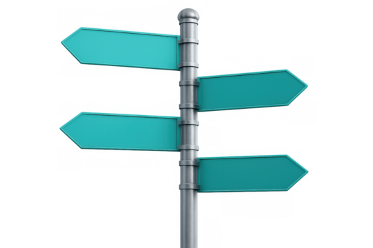 Blank directional arrow signs pointing away from center, featuring transparent background ready for personalized messaging and graphic design needs