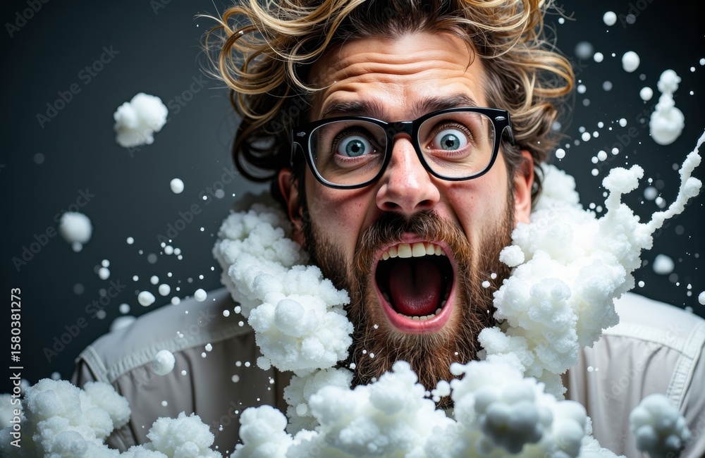 Aufkleber man with curly hair and glasses expressing shock surrounded by exploding foam and bubbles