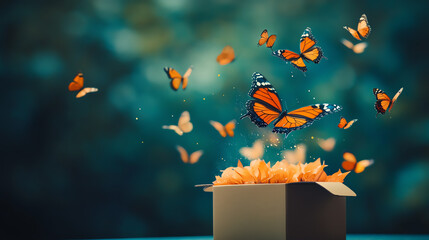 Gift box dissolving into butterflies, metaphor for transformation and joy