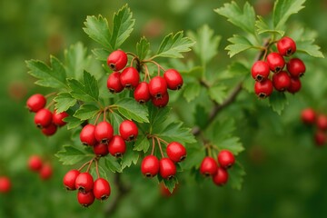 Close-up view of vibrant red hawthorn berries on a leafy branch during autumn with a blurred background